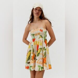 BDG Juliana Smocked Mini Strapless Dress with Colorful Fruit Print